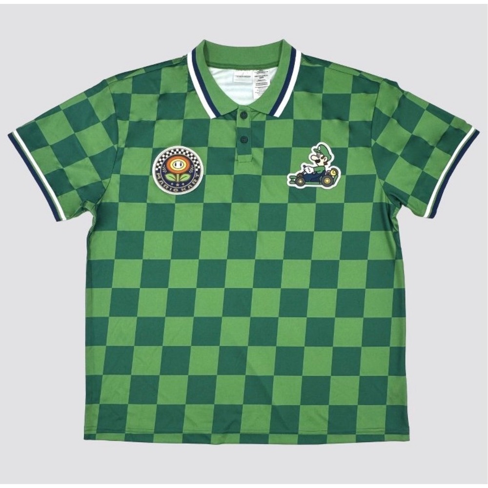 Mario Kart Polo Shirt Men L Green New Checkered Luigi Racing Jersey